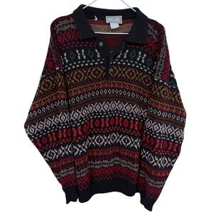 Vintage Uno Di Via-Parini Wool Fair Isle Polo Sweater XL‎ Colorful Made in Italy